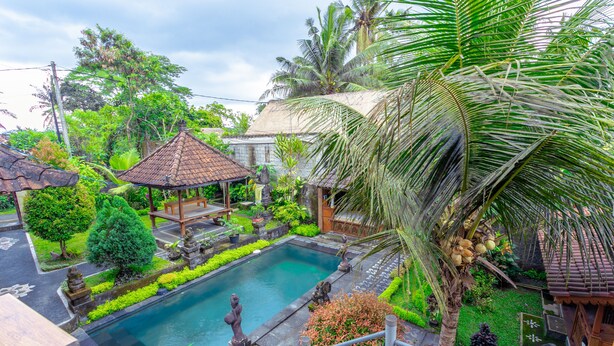 A traditional Balinese courtyard with a central pool, stone statues, and lush greenery. - Rizky Guesthouse (Ubud)