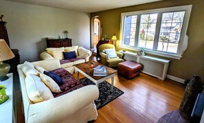 Smart TV, fireplace, books, computer monitors