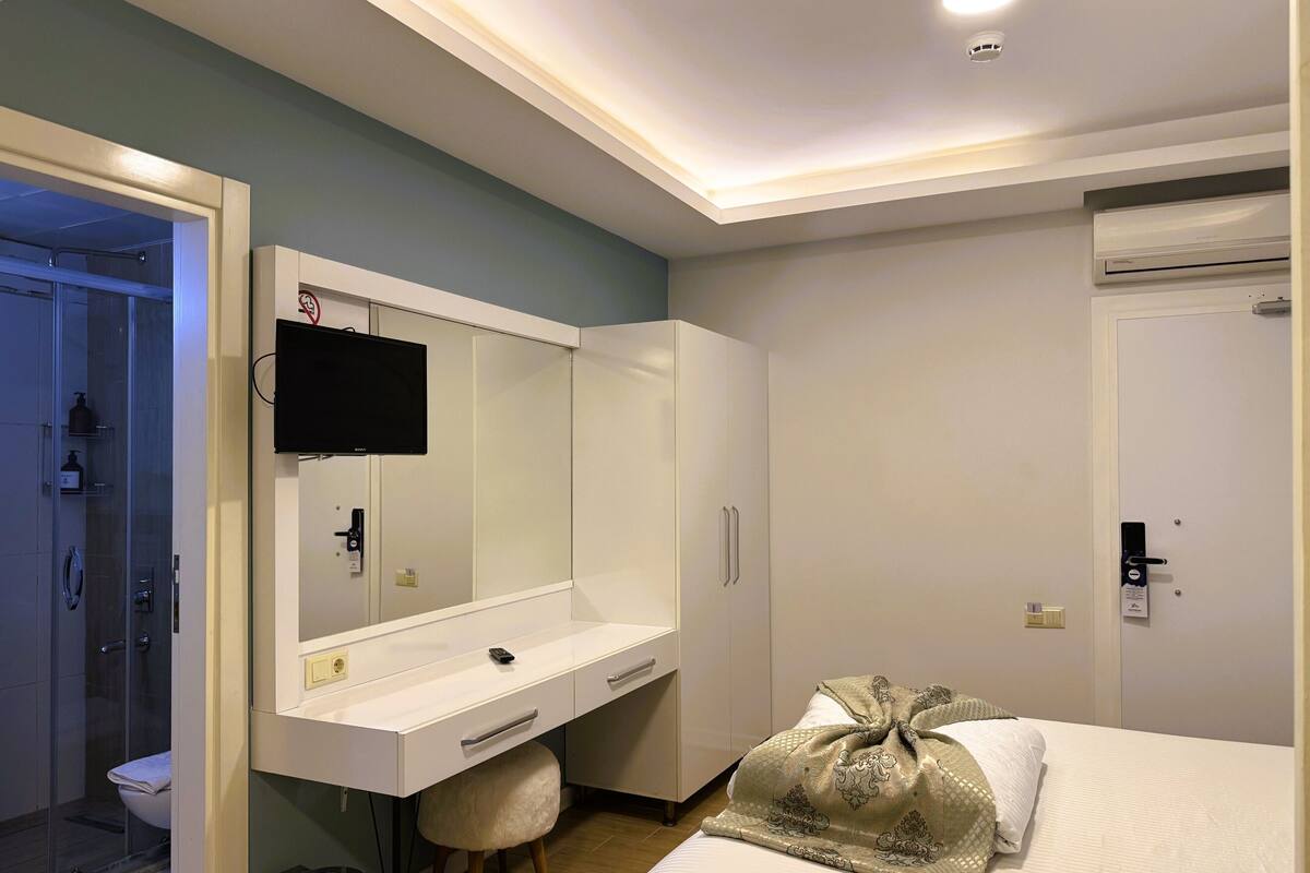 A hotel room with a shower, a bed with a decorative throw, a white desk with a flat-screen TV, and a wardrobe.