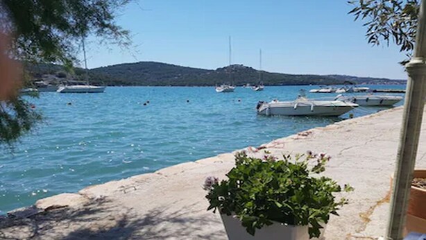 Vista costeira com barcos atracados na orla, céu claro e um vaso de planta na calçada.