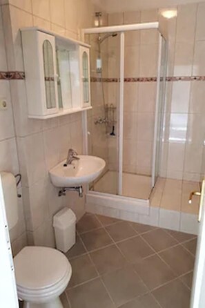 Shower, towels, soap, toilet paper