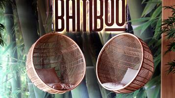 Dos sillones colgantes de mimbre con cojines, suspendidos del techo donde se ilumina la palabra 'Bamboo'.