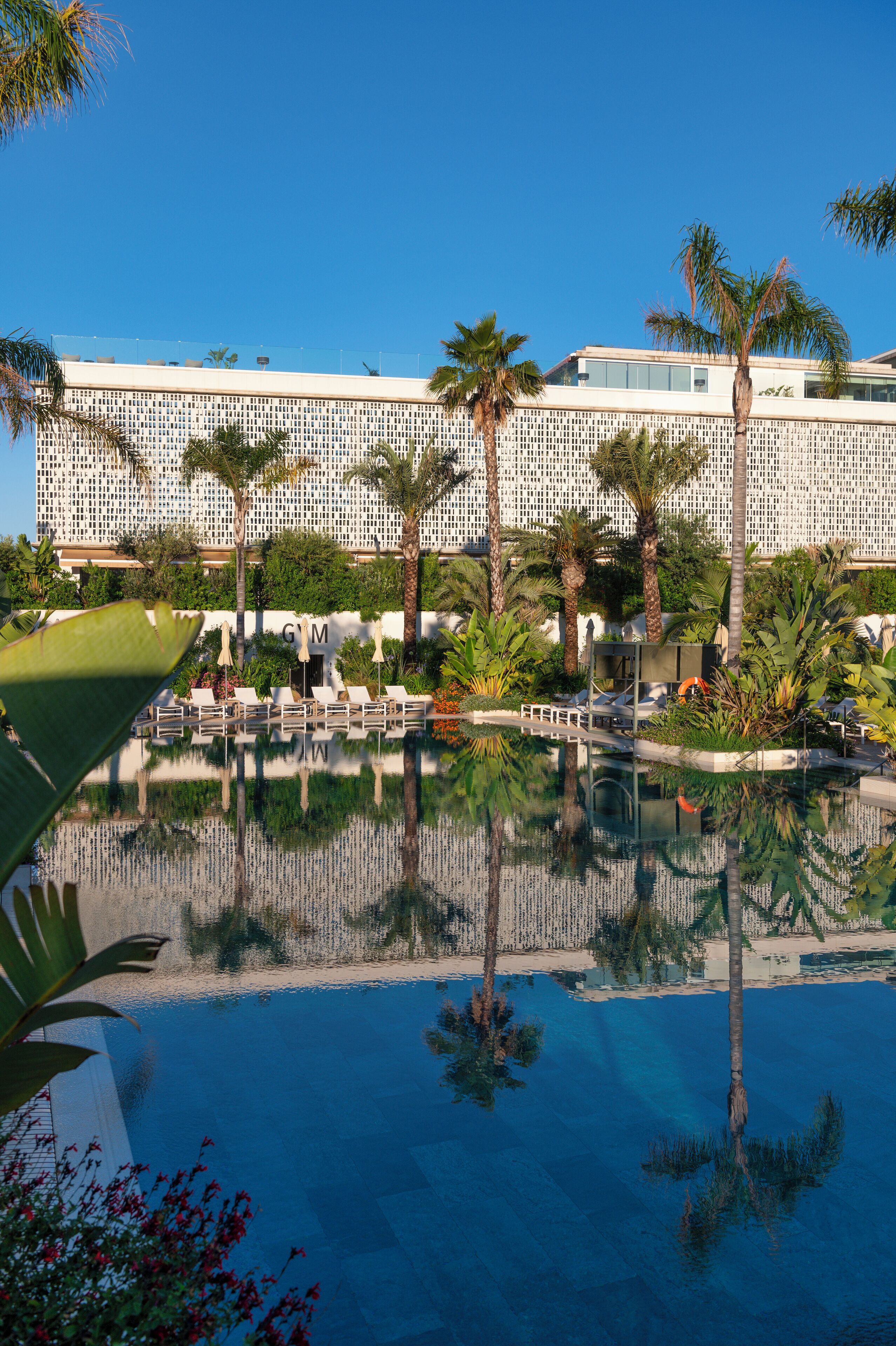Un hotel con una piscina grande, palmeras y sillas de descanso.