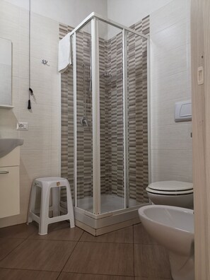 Shower, hair dryer, bidet, towels