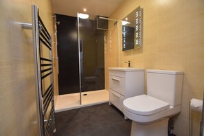 A modern bathroom with a glass-enclosed shower, a white toilet, and a vanity with a mirror. - Rosedene Highland House - Emperor Apartment 7 (Inverness)