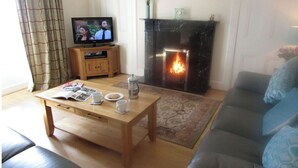 Ett vardagsrum med en tv, en öppen spis, ett soffbord med tidningar och en soffa.