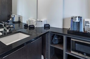 Fridge, microwave, coffee/tea maker, toaster