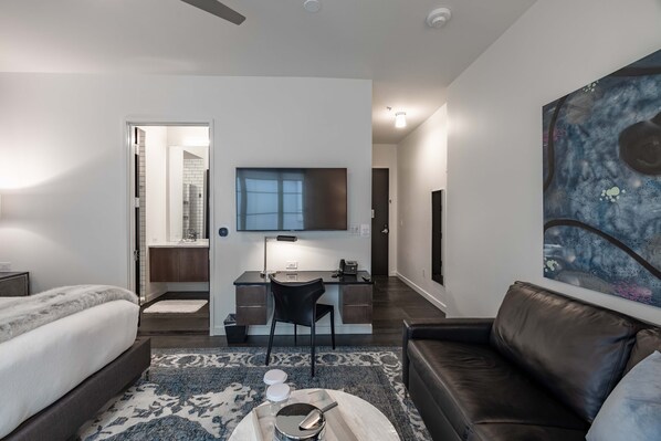 1 bedroom, desk, iron/ironing board, travel crib