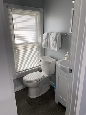 A bathroom with a toilet, sink, and window with blinds. - 3 Little Cottages - #2 Sunburst Cottage (Geneva)