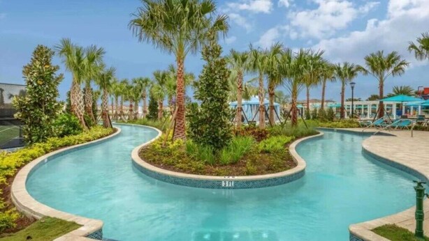 A curved swimming pool with palm trees and a blue sky.