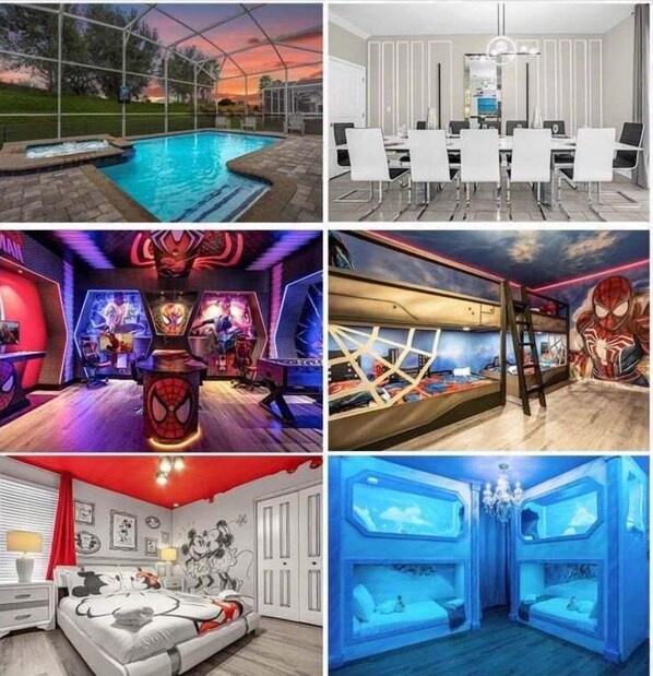 A swimming pool, a conference room, a gaming room, a bedroom with a Spiderman theme, and a bunk bed room. - Newly Furnished 9BR Villa/Steps from Clubhouse (Four Corners)