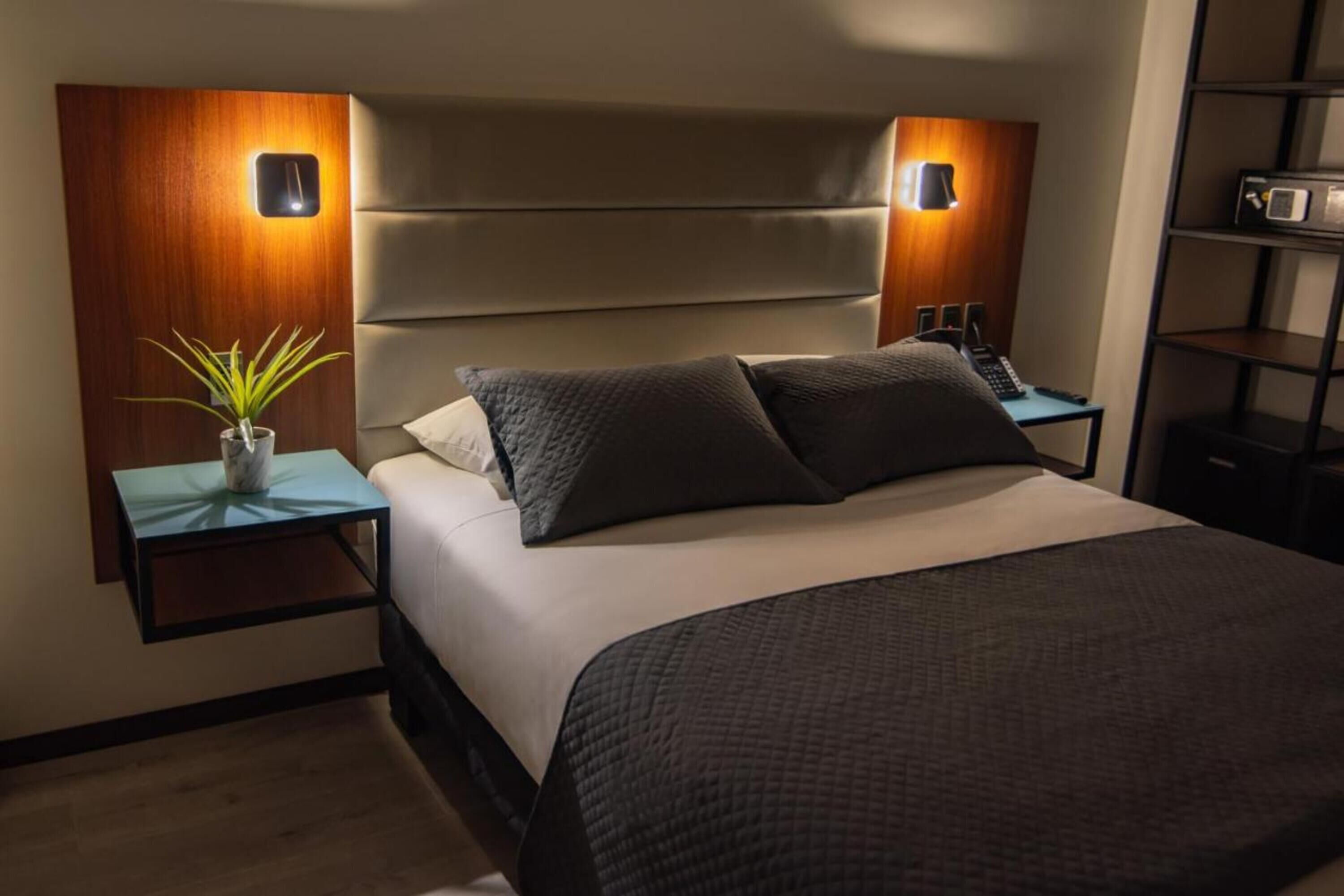 A modern bedroom with a large bed, two bedside tables, a nightstand, a wall-mounted lamp, and a small potted plant.