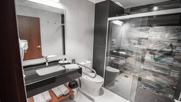 A modern bathroom with a glass-enclosed shower, a vanity with a mirror, and a toilet.