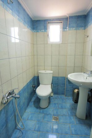 A small bathroom with a toilet, sink, and shower. - Vila Lejla (Ksamil)