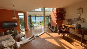 A spacious living room with a large TV, a fireplace, and a view of the outdoors. - Casa Leòn Lake View (Verbania)