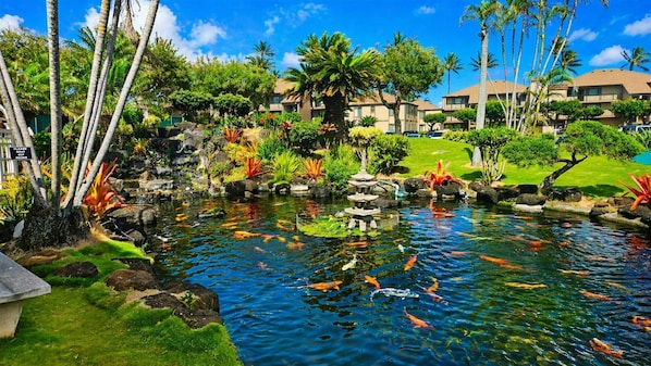 A koi pond with a pagoda, surrounded by tropical plants and palm trees.