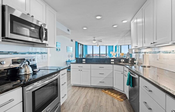 Fridge, microwave, oven, stovetop