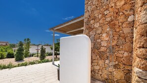 A stone wall with a metal ladder, a white door, and a paved patio area with potted plants.