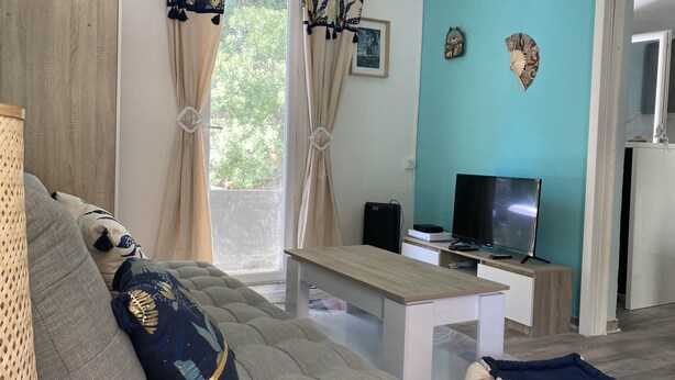 A living room with a sofa, a coffee table, a TV, and a window with curtains. - Charming countryside home with a private garden (Le Beausset)