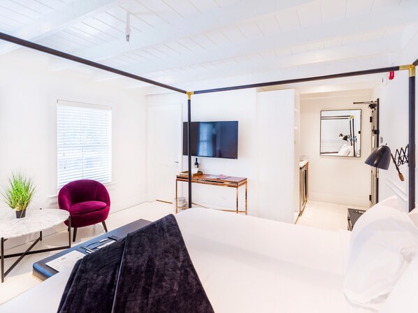 A modern hotel room with a flat-screen TV, a red chair, a small table, and a potted plant. - American Beech in Greenport - King Suite 3 (Greenport)