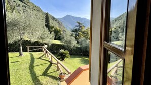 Une vue depuis une fenêtre sur un jardin bien entretenu, avec une terrasse en bois et un chemin en pierre.