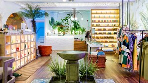 A modern interior with a central water feature, wooden flooring, and a variety of plants. - American Beech in Greenport  - Deluxe King Suite 11 (Greenport)