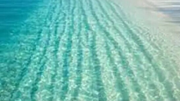 Uma praia com águas turquesa cristalinas e areia branca.