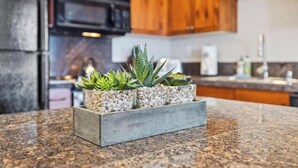 Une cuisine avec des meubles en bois, un plan de travail en granit et une jardinière contenant des plantes succulentes.