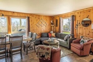 TV connectée, cheminée, livres, chaîne hi-fi