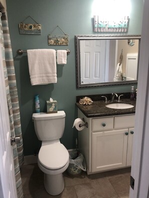 Ensemble baignoire-douche, serviettes fournies, savon