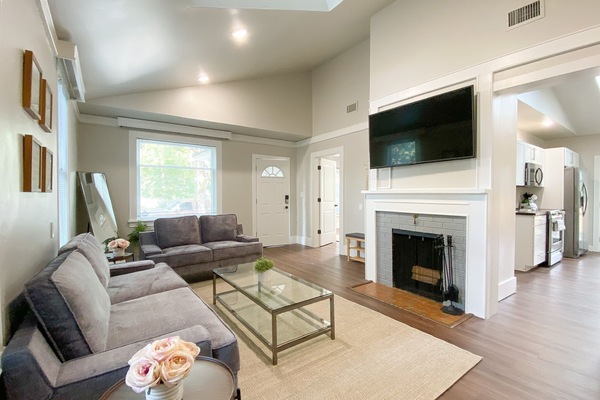 Living room with tv and fireplace