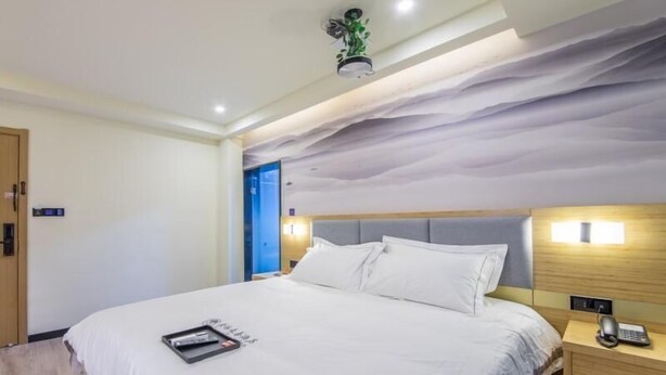 Une chambre d’hôtel moderne avec un grand lit, une tête de lit en bois, des lampes de chevet, une table de chevet avec un téléphone et une plante suspendue au plafond.