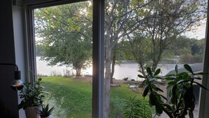 A window with a view of a lake and trees, a wooden shelf with potted plants, and a small decorative item. - Tip of the Peninsula Lake House Retreat (South Bend)