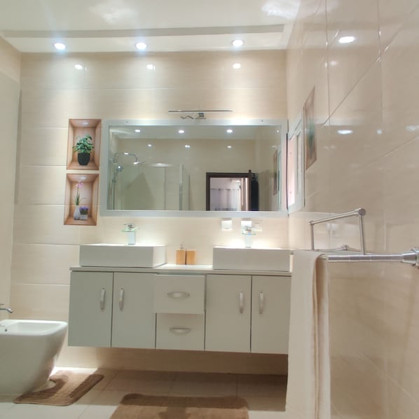 Shower, bidet, towels, toilet paper