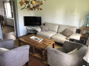 Una Smart TV, una chimenea, un reproductor de DVD, un futbolín