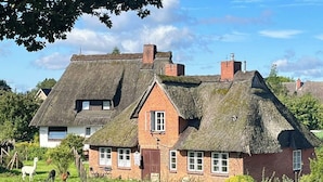 Ein traditionelles Haus mit Strohdach und Backsteinanbau, umgeben von viel Grün und einem weißen Pferd.