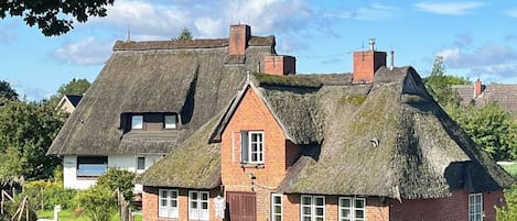 A traditional thatched-roof house with a brick extension, surrounded by greenery and a white horse.