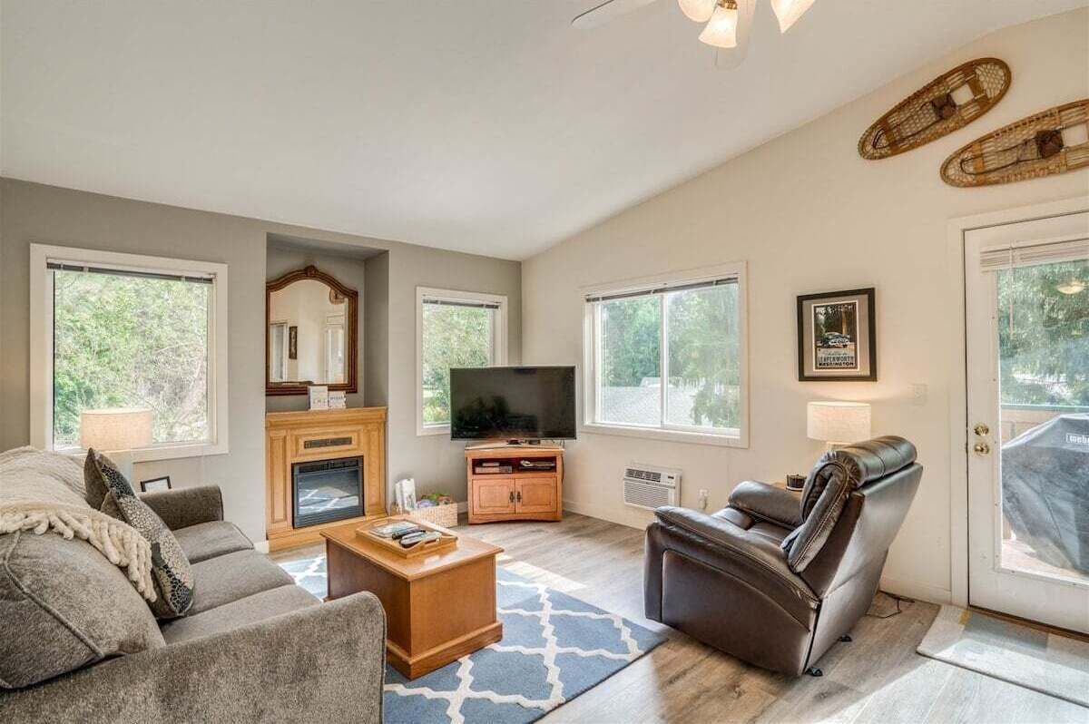 TV, fireplace, video library