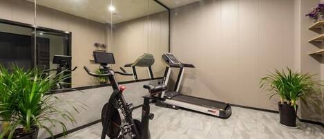 Ett modernt gym med träningsutrustning, en vägg med speglar och krukväxter.