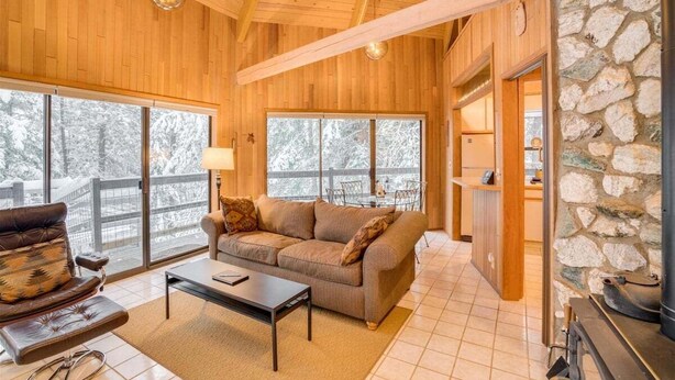 A cozy cabin interior with a wooden ceiling, a stone wall, a sofa, a coffee table, and a fireplace. - Octagon House Near Leavenworth + Deck (Leavenworth)
