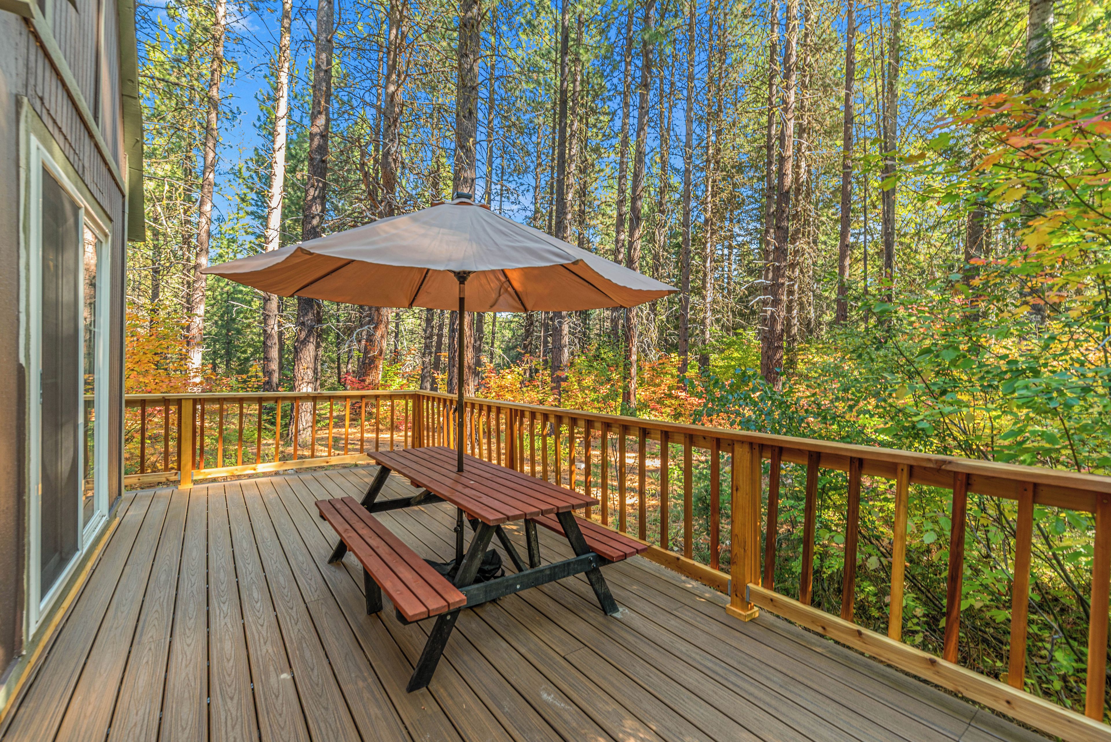 Une terrasse en bois avec une table de pique-nique et un parasol, entourée d’une forêt.