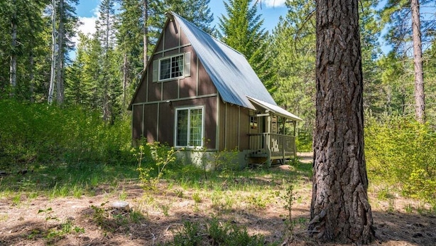 A rustic cabin with a sloped roof, surrounded by dense forest. - Cozy 2BR cabin in Plain/Lake Wenatchee with fireplace, AC, and parking. Pet-friendly (Leavenworth)