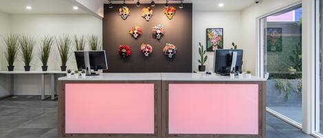 Bancada de recepção com dois monitores de computador, luminária fixada na parede e uma fileira de plantas em vasos.
