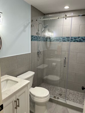 Shower, hair dryer, towels, soap