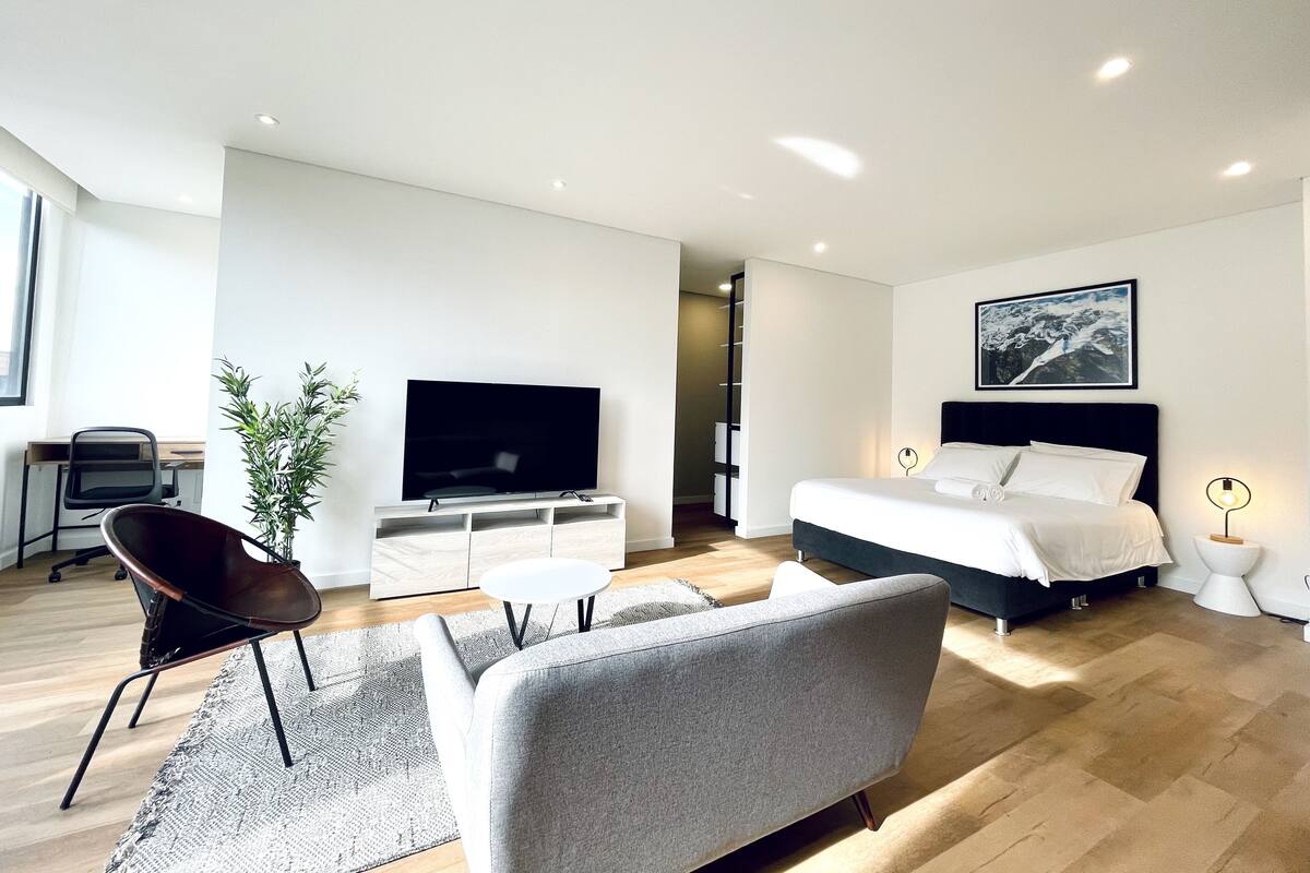 A modern hotel room with a flat-screen TV, a bed, a desk, a chair, and a plant.