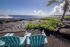 Two chairs facing a rocky shoreline with a view of the ocean and a palm tree.