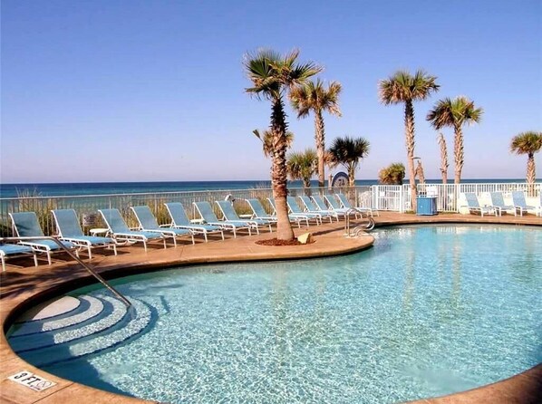 Relax by the pool surrounded by palm trees and lounge chairs.