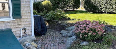 Un jardín residencial con un sendero pavimentado, una parrilla cubierta y un arbusto grande con flores.