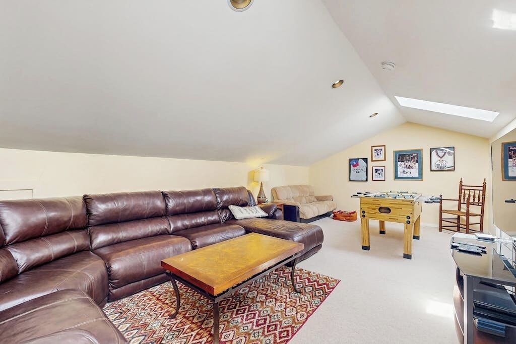 TV, fireplace, foosball, books