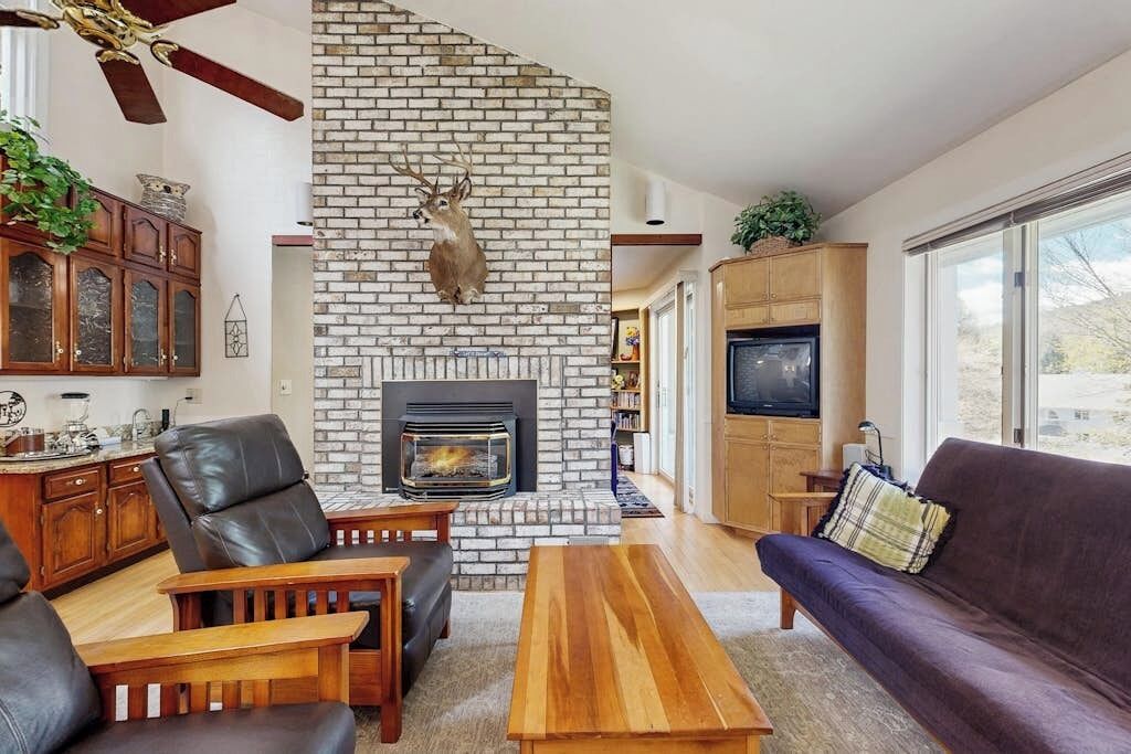 TV, fireplace, foosball, books